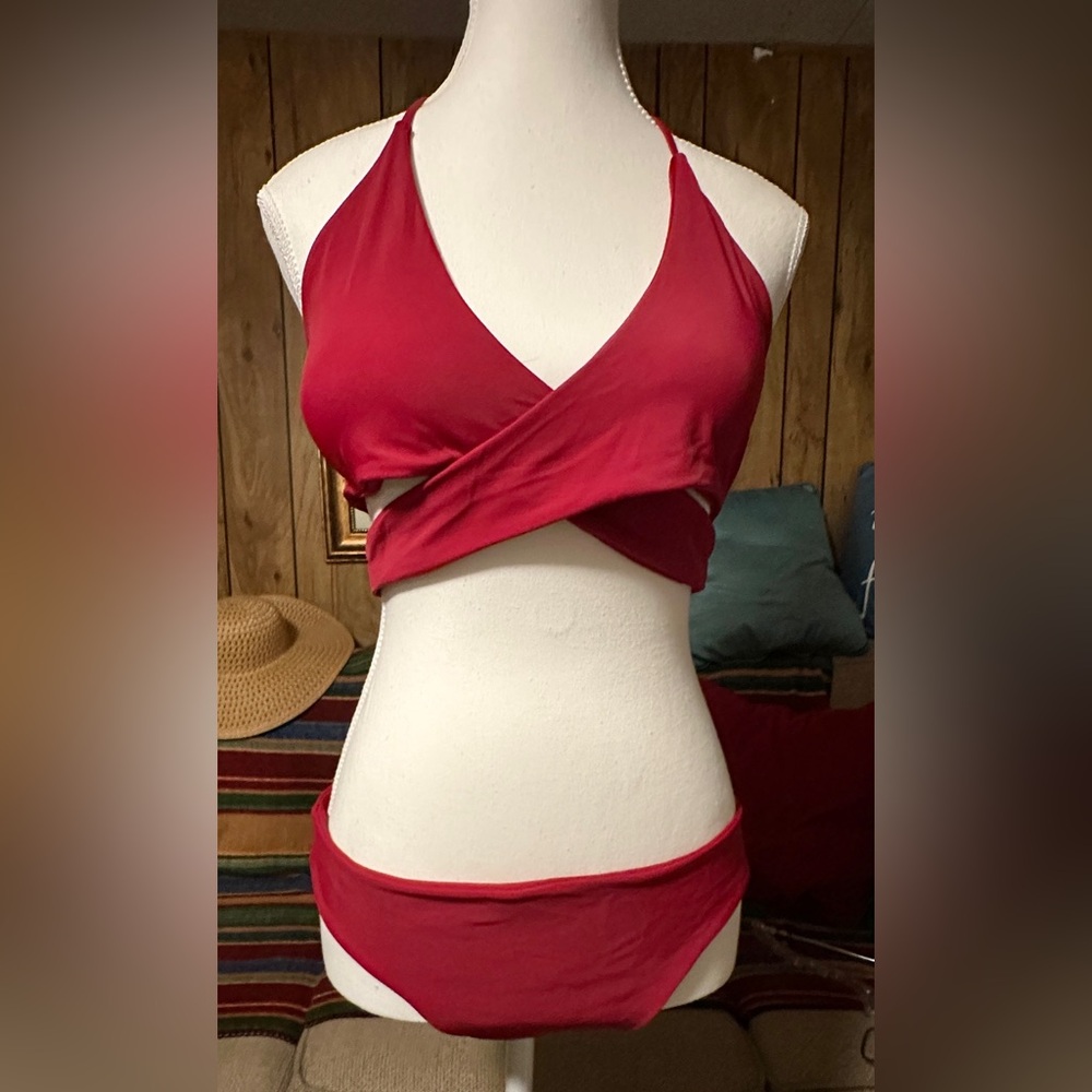 Zaful Red Bikini in Dark Red: Halter Top & Low Rise Bottoms, 2X